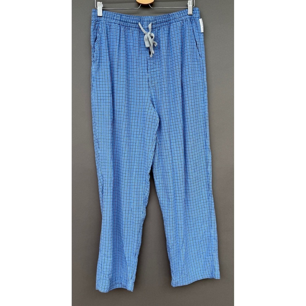 Geoffrey Beene Mens Pajama Pants Large Blue White Check 100% Cotton Lounge Sleep